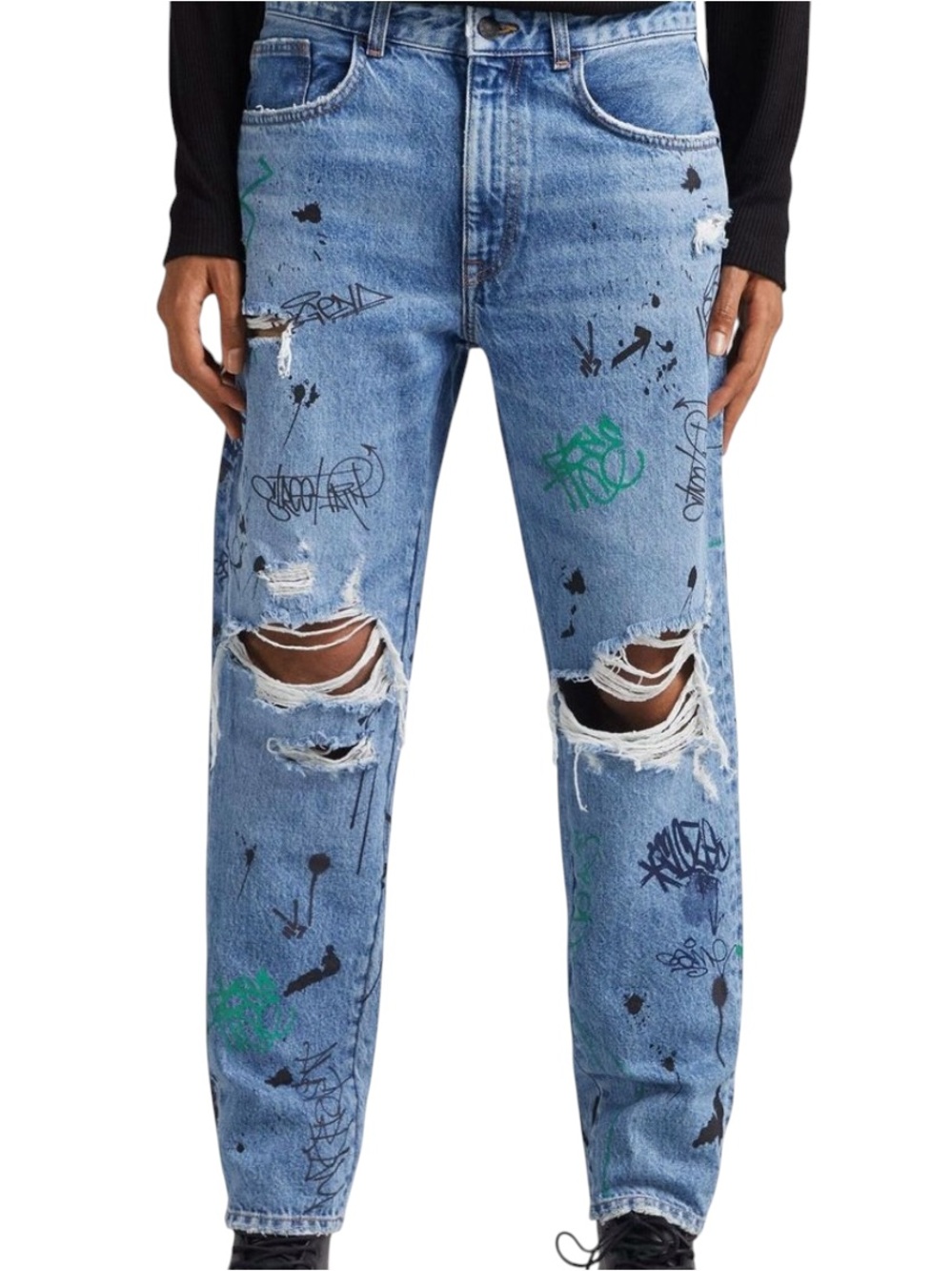 Bershka Straight Vintage distressed graffiti print jeans